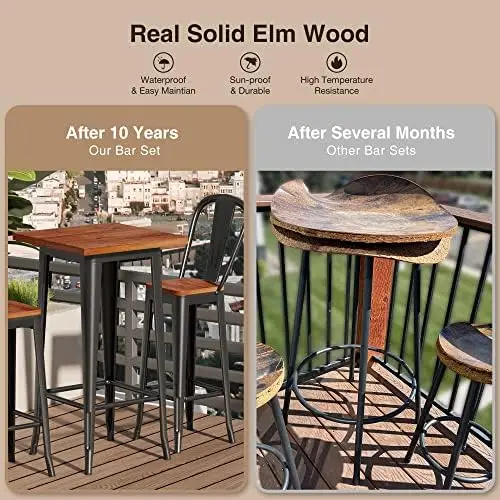 Bar Table and Chairs Set, 2-Piece, Elm Wood with Metal Frame, for Bar, Bistro, Small Space