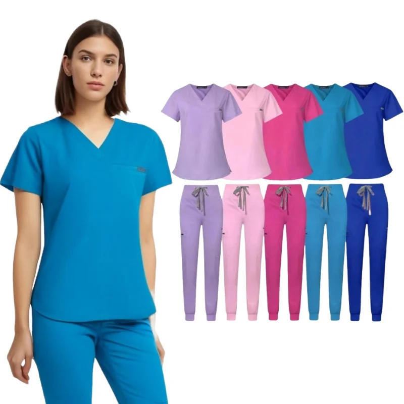 Anti-rugas esfrega para mulheres, uniformes hospitalares respiráveis, manga curta, arranhão empilhado, conjuntos de cuidados esfrega, uniforme de cordão