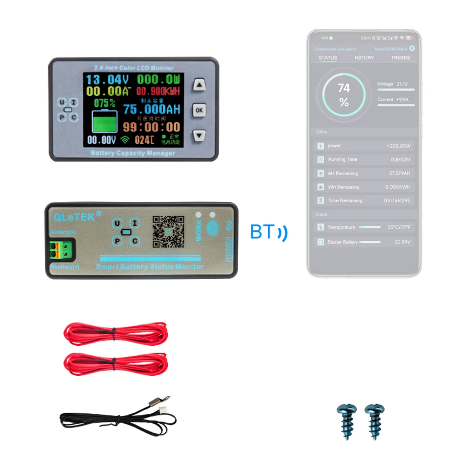 

2.4 Inch Wireless BT Voltage Meter Current Meter Ammeter Voltmeter Coulometer Battery Power Detector Battery Capacity Tester Rea