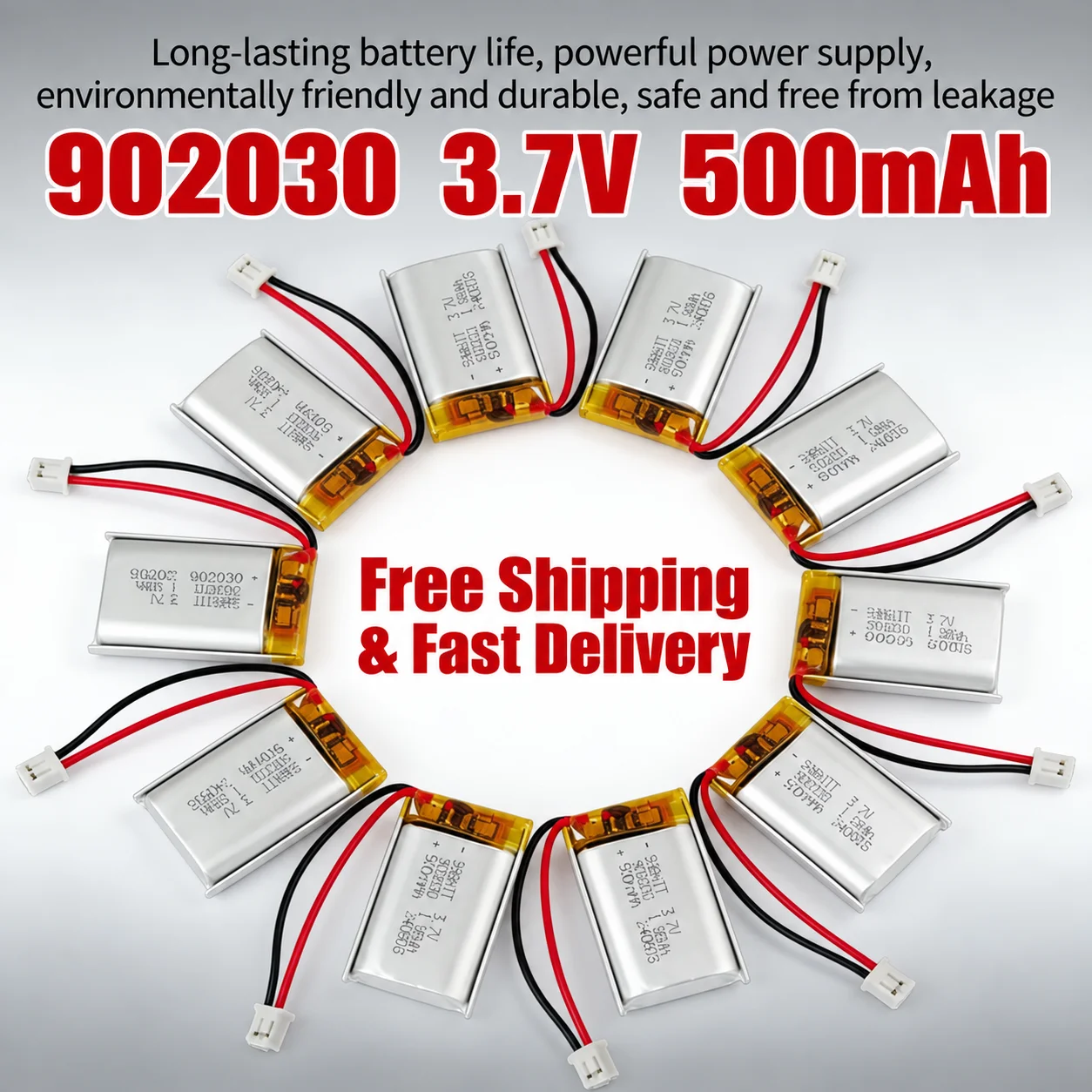 10Pcs 3.7V 500mAh 902030 102030 Lipo Battery, Rechargeable Lithium Polymer Cell for Solar Light, GPS Tracker, Bluetooth Mouse