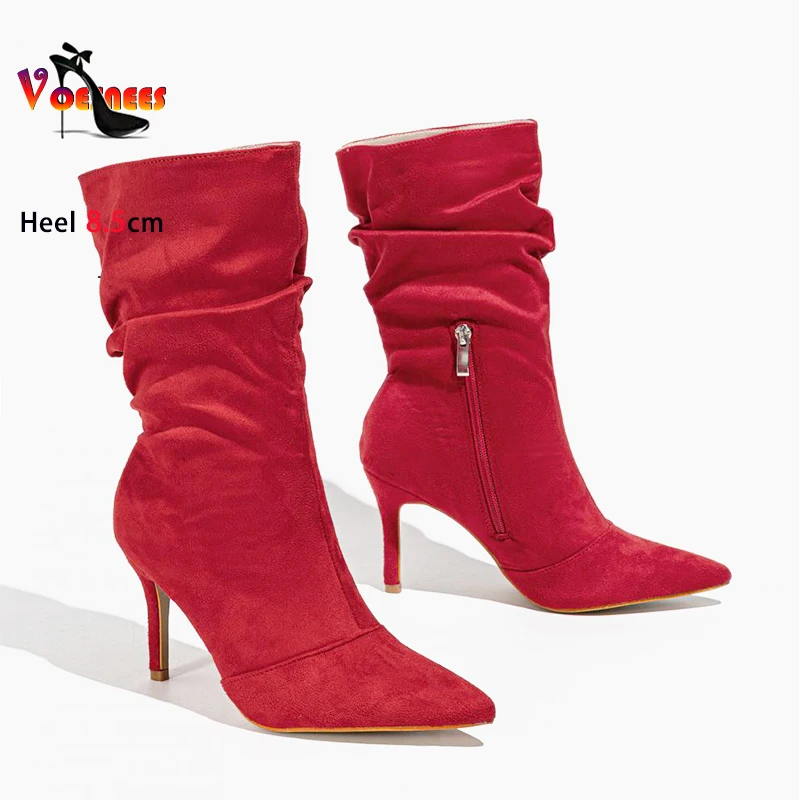 Women Boots 8.5CM Red High Heels Faux Suede Spring Autumn Ladies Shoes Designer Fashion Pleated Mid-Calf Boots Sapatos Femininos