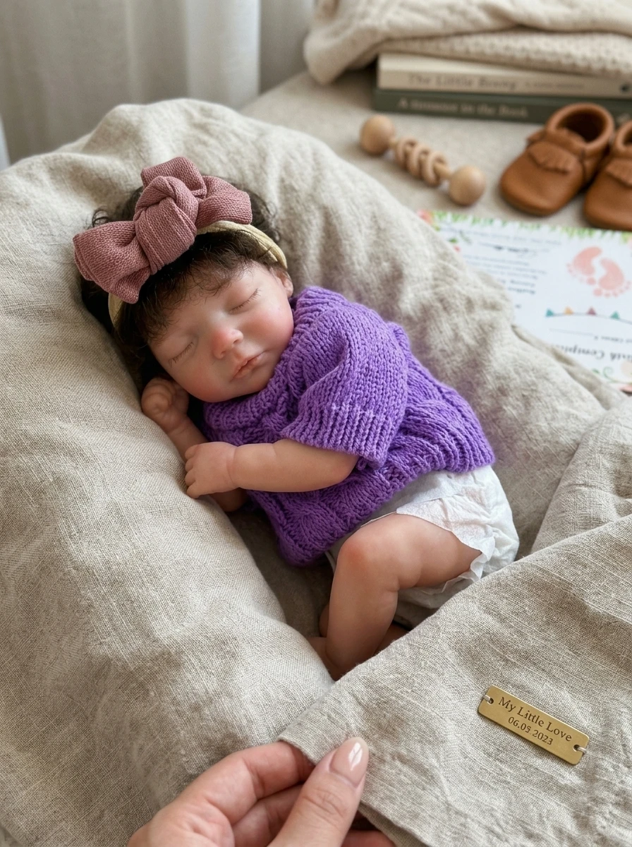 10 Inch Sam Full Silicone Reborn  Doll Open Mouth Hand Rooted Hair Purple Sweater Outfit Lifelike Hand Painted Collectible