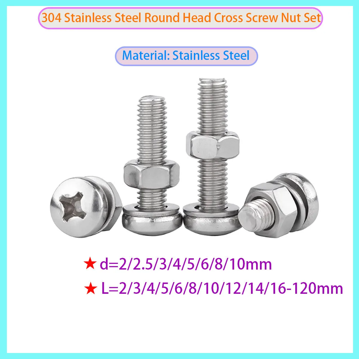 

304 Stainless Steel Cross Round Head Screw, Flat Washer Nut Bolt