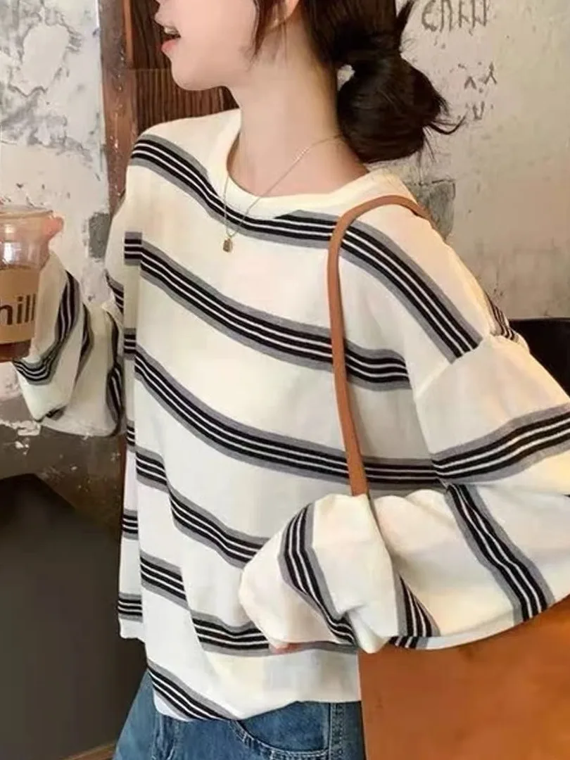 

Свободный женский вязаный свитер Long Sve, корейский Sle, осенне-зимний полосатый цвет, блузка, базовый слой, верхняя одежда