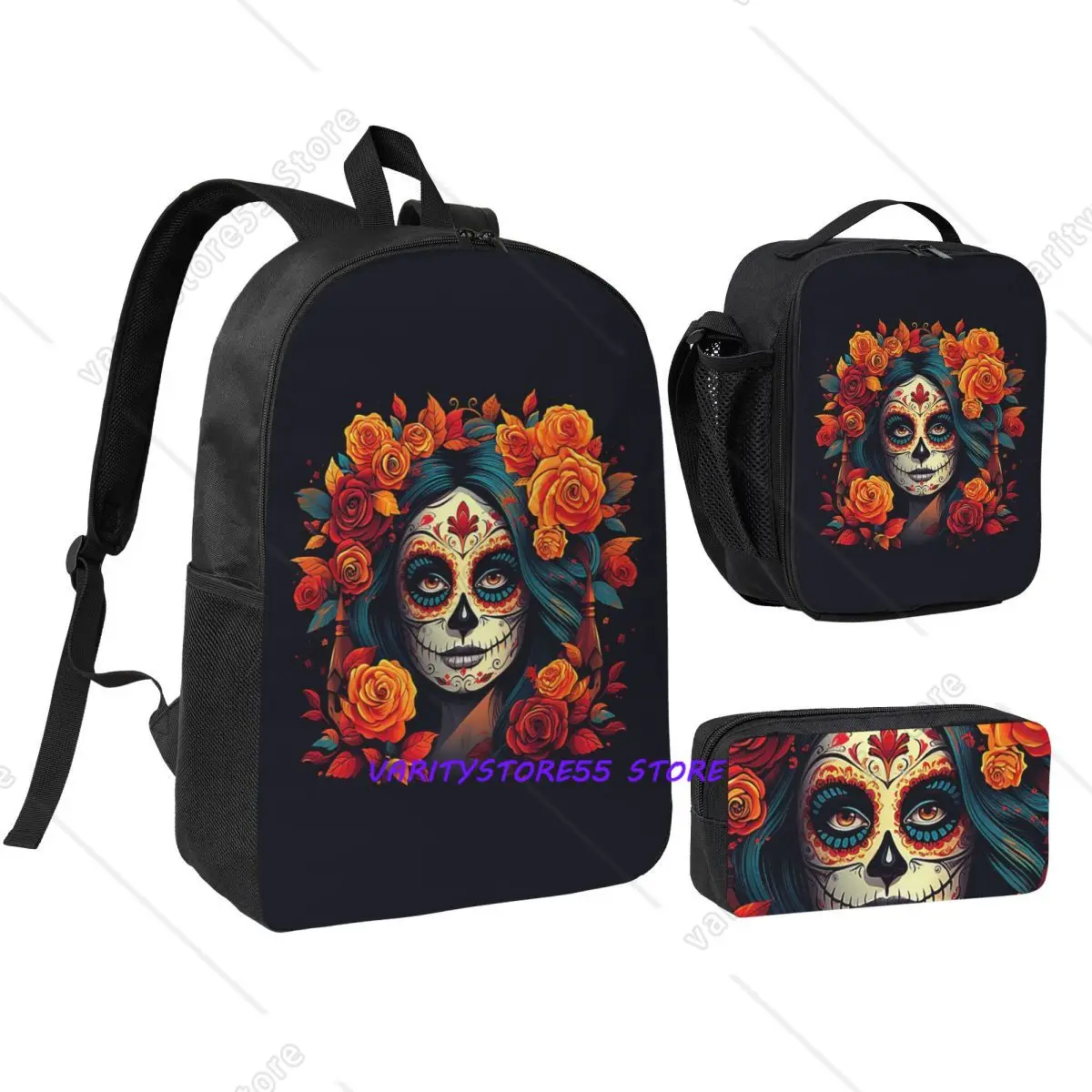 

Mexican Skull Illustration Backpack Student BookBag School Bag Laptop Shoulder Bags 3ps Insulated Lunch Bag Pencil Case