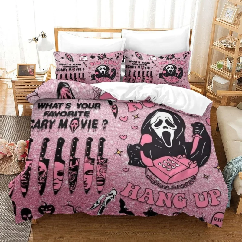 

Halloween bedding set 3-piece pink cartoon skeleton duvet set funny horror ghost