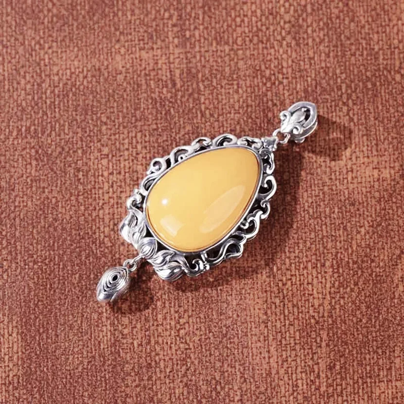 Silver retro distressed imitation beeswax safety pattern water droplet pendant, ethnic style high-end jewelry