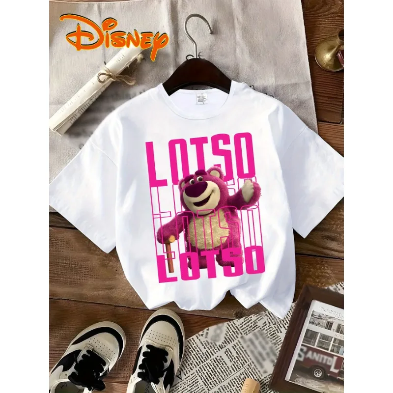 

Женская футболка Disney Lotto с принтом клубничного медведя, розовая повседневная хлопковая футболка с буквенным принтом и круглым вырезом, с короткими рукавами, большие размеры