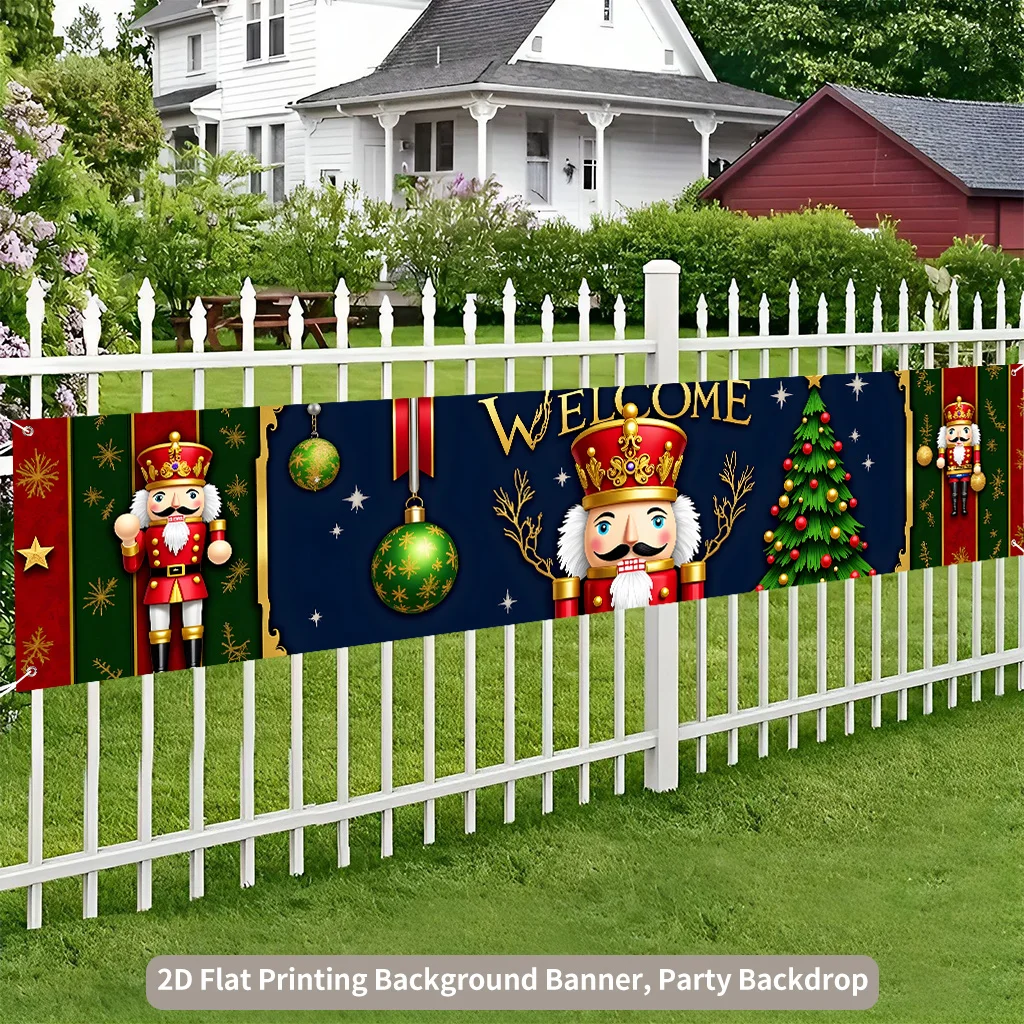1pc 2D Flat Christmas Party Banner, Nutcracker Soldier & Christmas Tree Pattern, Indoor Outdoor Fence Lawn Photo Booth Decor
