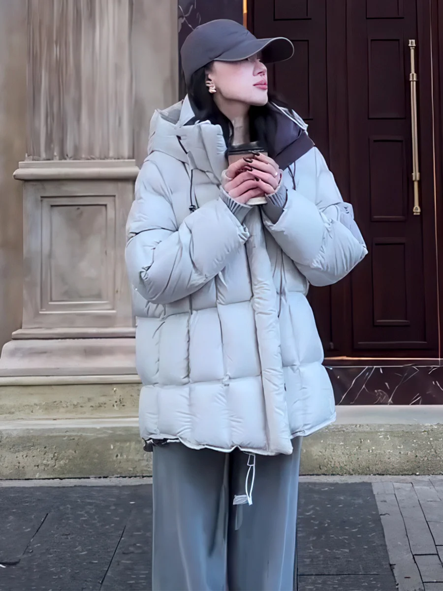 

Winter New plus Size Women's Du down Jaet Hooded Mid-Length Warmth Outerwear Casual Sle White Du Feather Coat