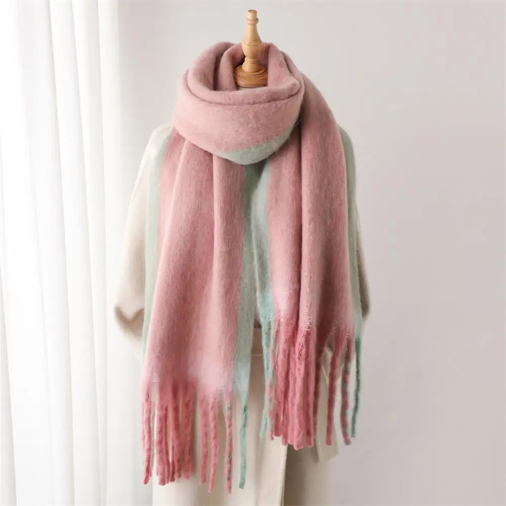 Stripes Mohair Thicken Scarf For Women Gradient Color Imitation Cashmere Scarves Winter Big Tassel Shawl Long Poncho Echarpe