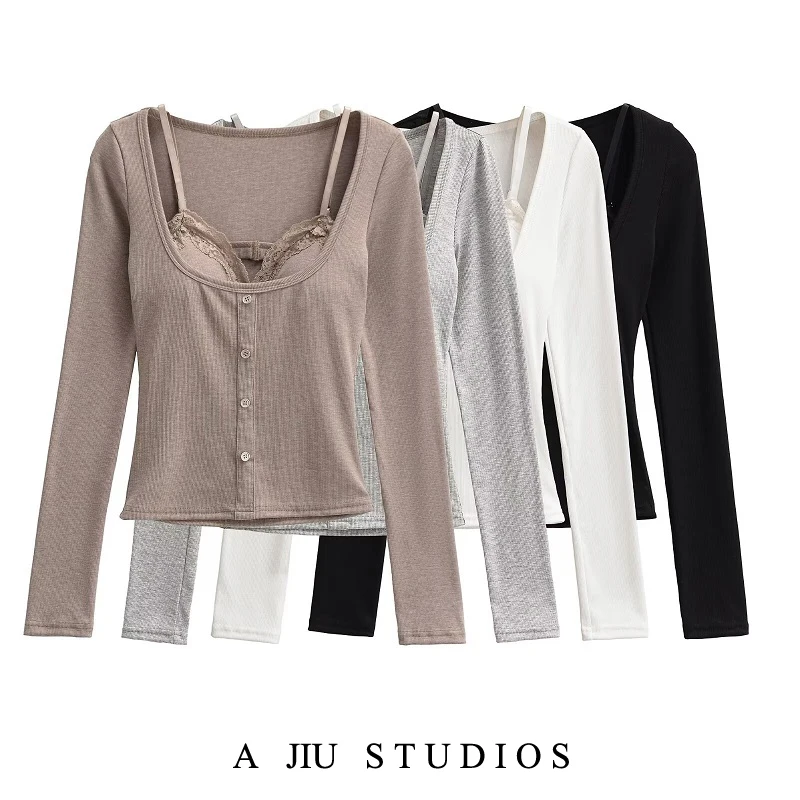 純粋な欲望セクシーなレーススプライスツーピースセットロングスリーブTシャツ女性スリムインナーウェアベースシャツ通勤秋服