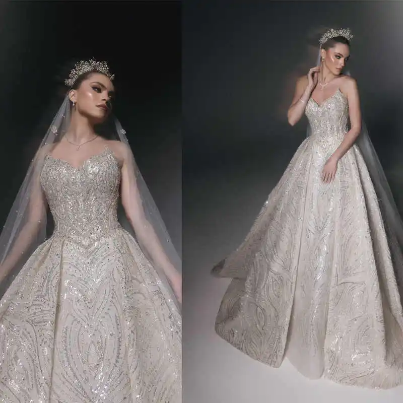 

Gorgeous A-Line Wedding Dresses Strapless Beading Sequins Robe De Mariee Custom Made Sleeveless Sweep Train Bridal Gowns