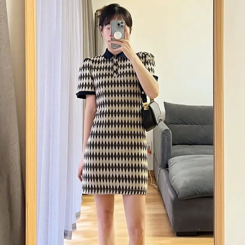 

Polo Neck Dress Button Geometric Color Matching Women French Sweet Short Sleeve Sweet Robe Female 2024 Summer New Dress