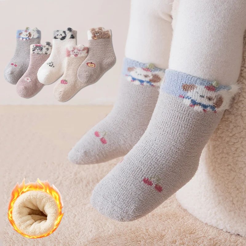3/5 Pairs Cute Cartoon Baby Socks Thick Coral Fleece Warm Mid Calf Toddler Socks Soft Fluffy Thermal Floor Socks for Newborn