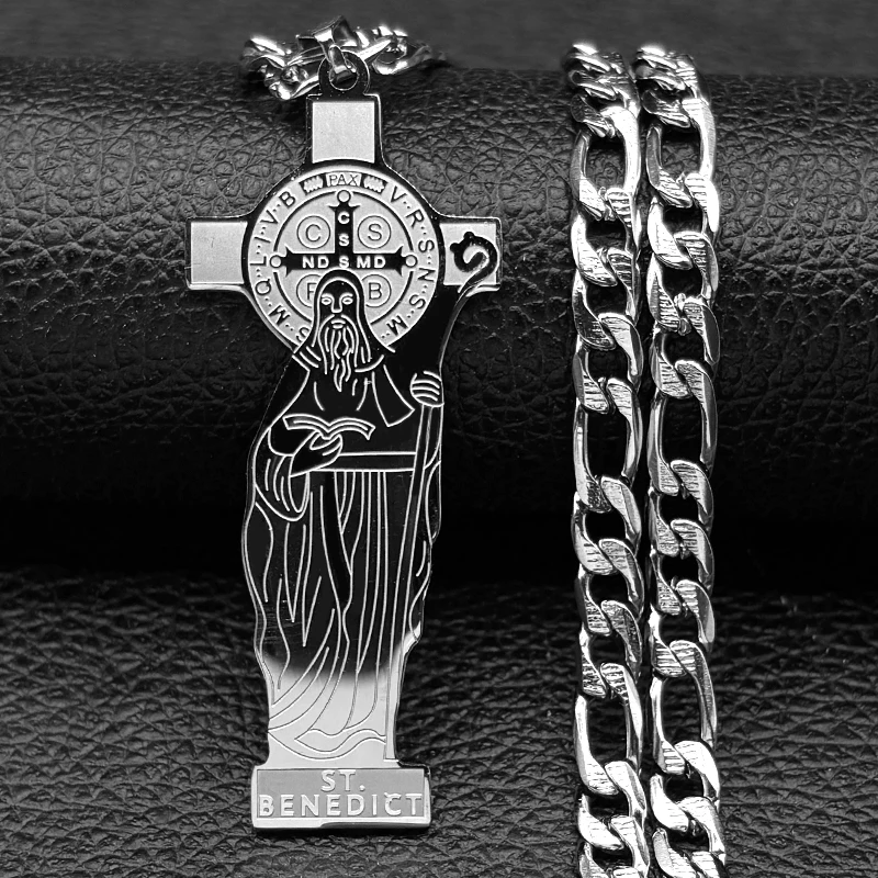 الكاثوليكية سانت بنديكت الصليب قلادة قلادة للنساء الرجال الفولاذ المقاوم للصدأ مطلية بالذهب سان بينيتو الهيب هوب سلسلة تميمة المجوهرات