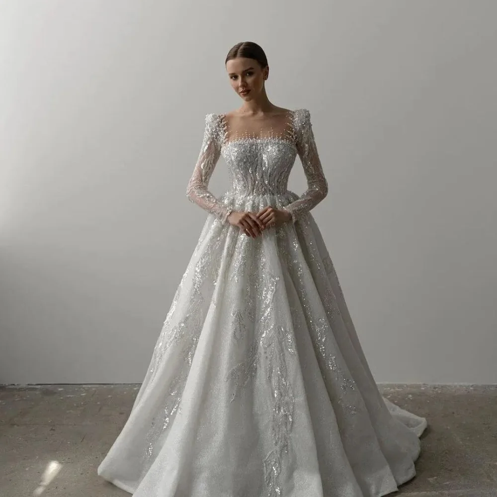 

Elegant Wedding Dresses Long Sleeves Sequins Lace Sparkly Bead Appliques Ruffles Lace-up Bridal Gowns Vestina De Novia