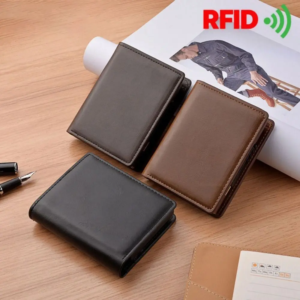 

Мужской короткий кошелек RFID с защитой от кражи, водонепроницаемый, из искусственной кожи, деловой клатч, однотонный, с несколькими отделениями для карт, для проездных документов