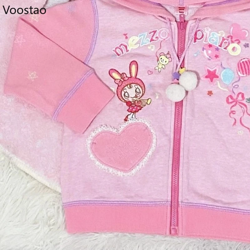 Japanese Sweet Lolita Style Zipper Hoodies Women Kawaii Cartoon Embroidery Bunny Hooded Sweatshirt Autumn Winter Warm Coat Tops