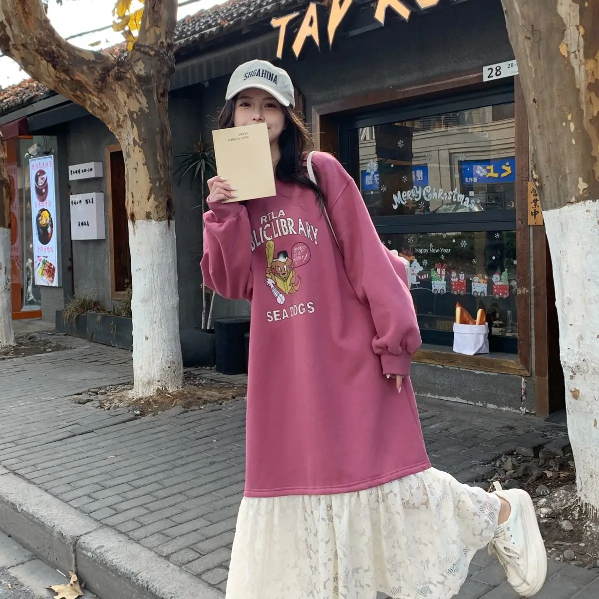 Oversized Loose Dresses Femme Casual Patchwork Lace O-neck Long Sleeve Tshirt Dress Autumn Winter Fashionable Ruffles Long Dress