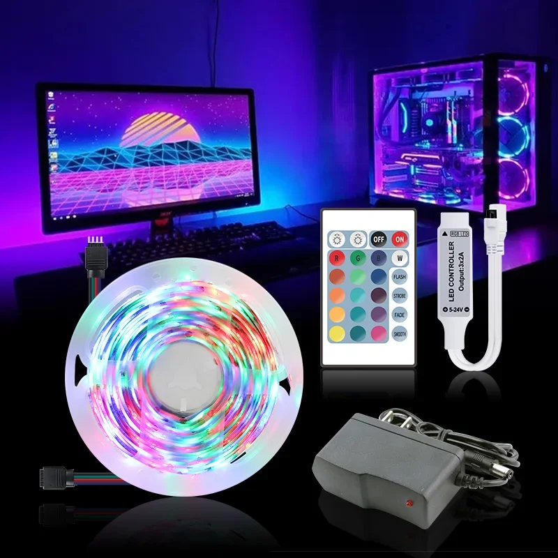 DC 12V SMD2835 RGB LED 5M Waterproof Light Strip 60LEDs/M 24 Keys Wireless Remote Controller 12V 1A EU Plug Adapter