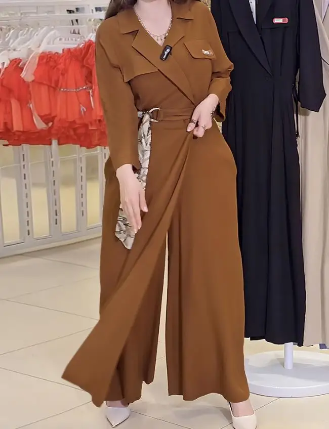 Tuta da donna casual asimmetrica Cinch Temperamento Estate Nuova donna Moda Colletto rovesciato Legato Dettaglio Pagliaccetti a maniche lunghe