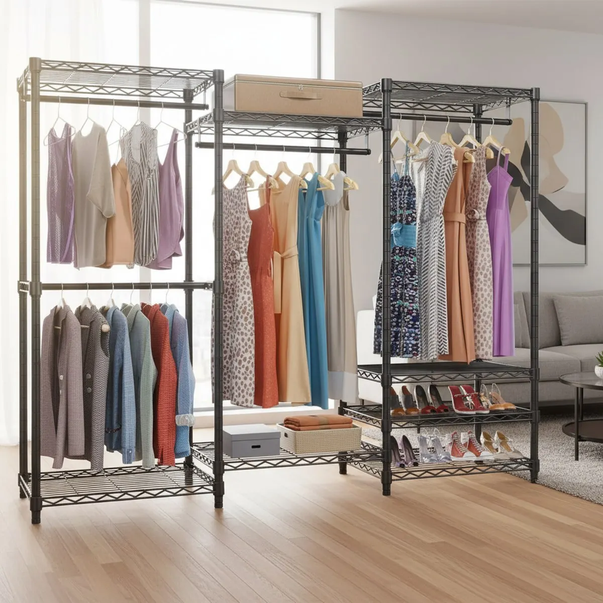 Heavy Duty Clothes Rack Freestanding Modular Closet 4 Rods 8 Shelves Black