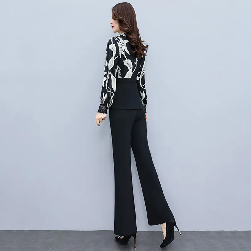 Women Patchwork Print Oversize Pants Sets 2024 New Spring Autumn Clothes Fashion V-Neck Chiffon Slim Female Pantsuits Outfits