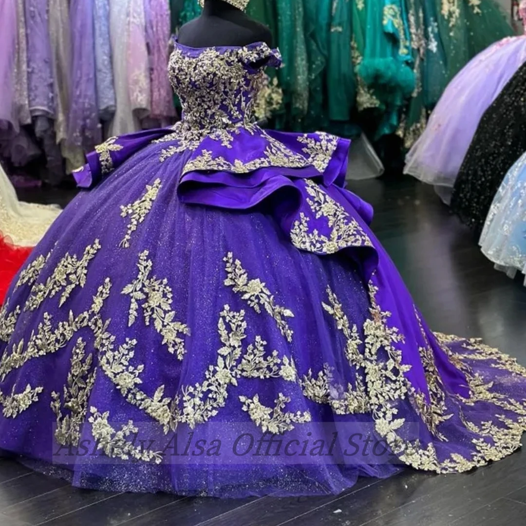 Gorgeous Luxury Purple Prom Dresses For Women Off Shoulder Applique Ball Gown Birthday Party Dress Vestido 15 16 Quinceanera