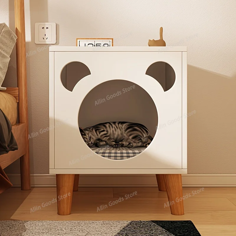 Bear Cutout Wooden Cat Bed Side Table Elevated Cat House with Cushion Multifunctional Nightstand Pet Furniture