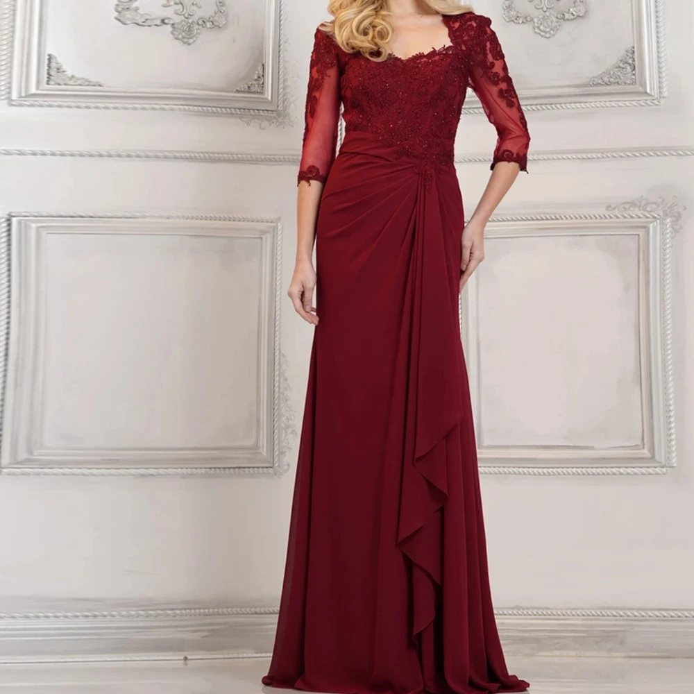 

Burgundy Exquisite Square Neck Lace 3/4 Sleeves Crystal Floor Length Straight Sweep Train Elegant Luxury Evening Dress 2024