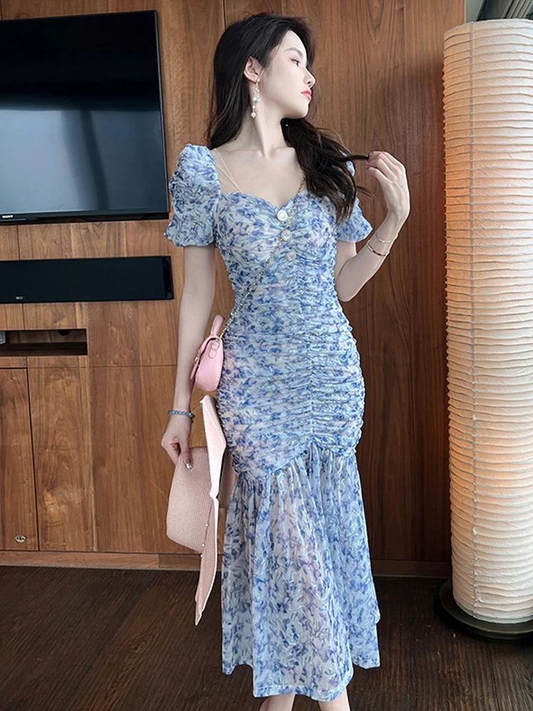 Vestido elegante de vacaciones para mujer, vestido romántico elegante con flores azules, vestido ceñido de malla con cola de pez fruncido, Vestidos de fiesta para mujer