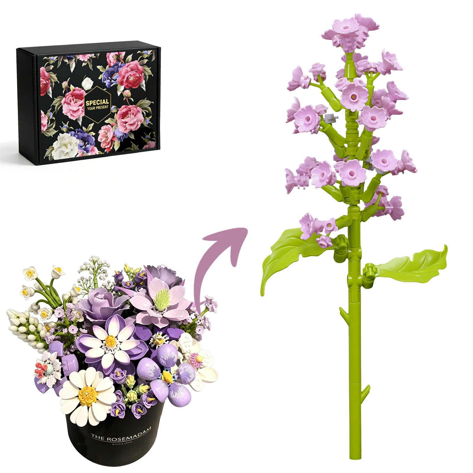 Violet Blossoms Building Block Bouquet Flowers Featuring Gradient Petal Details Ideal for Tabletop Display Home Deco（153 PCS）