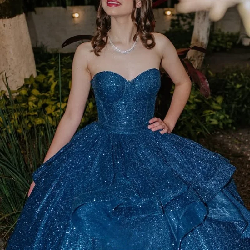 

Shiny dark blue Quinceanera Dress off-shoulder Lace layering decal Long tail vestidos de 15 Quinceanera ﻿Customize
