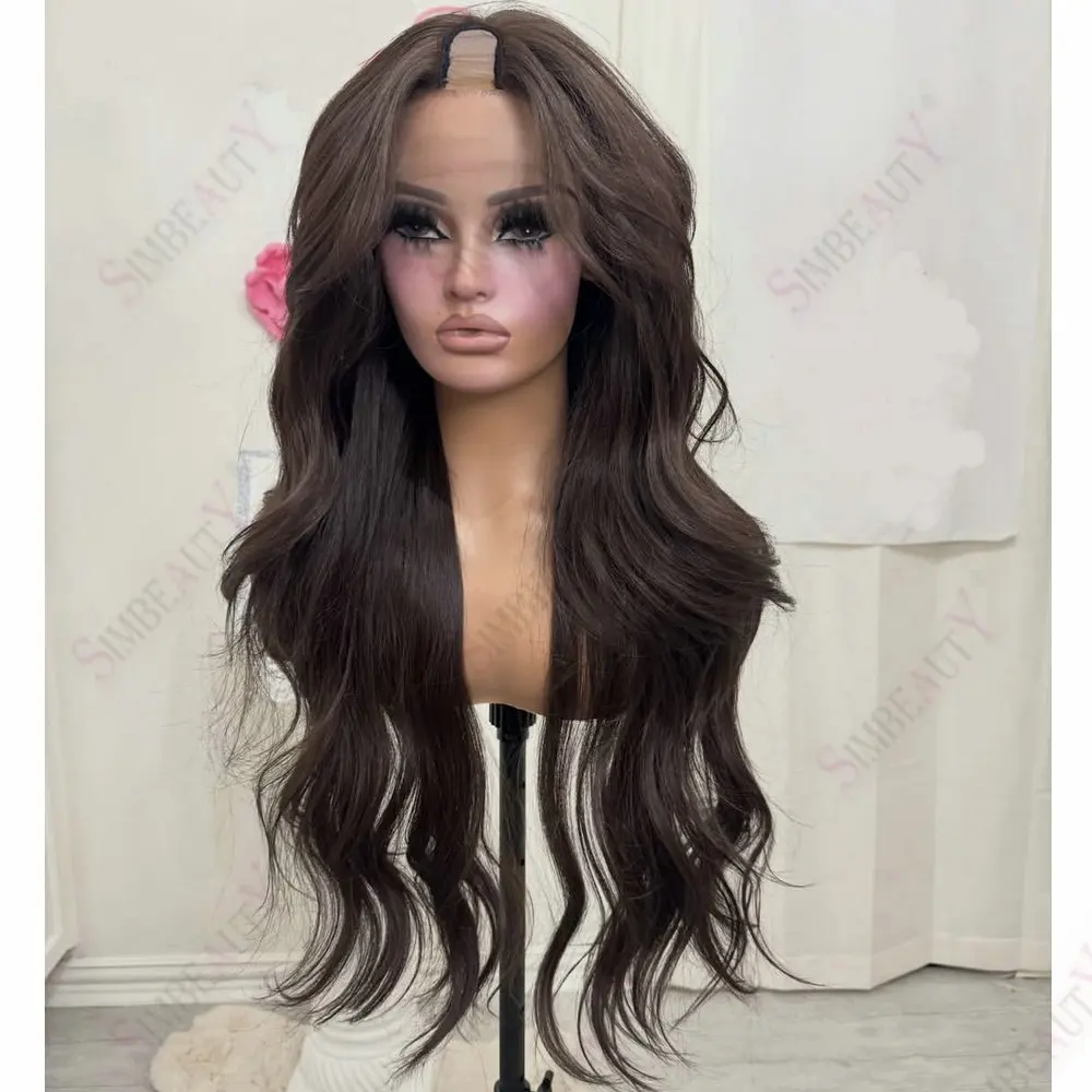 

Super Long Wavy Dark Brown 1X4 Size U Part Wig for Black Women Remy Human Hair Glueless Wig with Clips V Part Machine Made Wigs