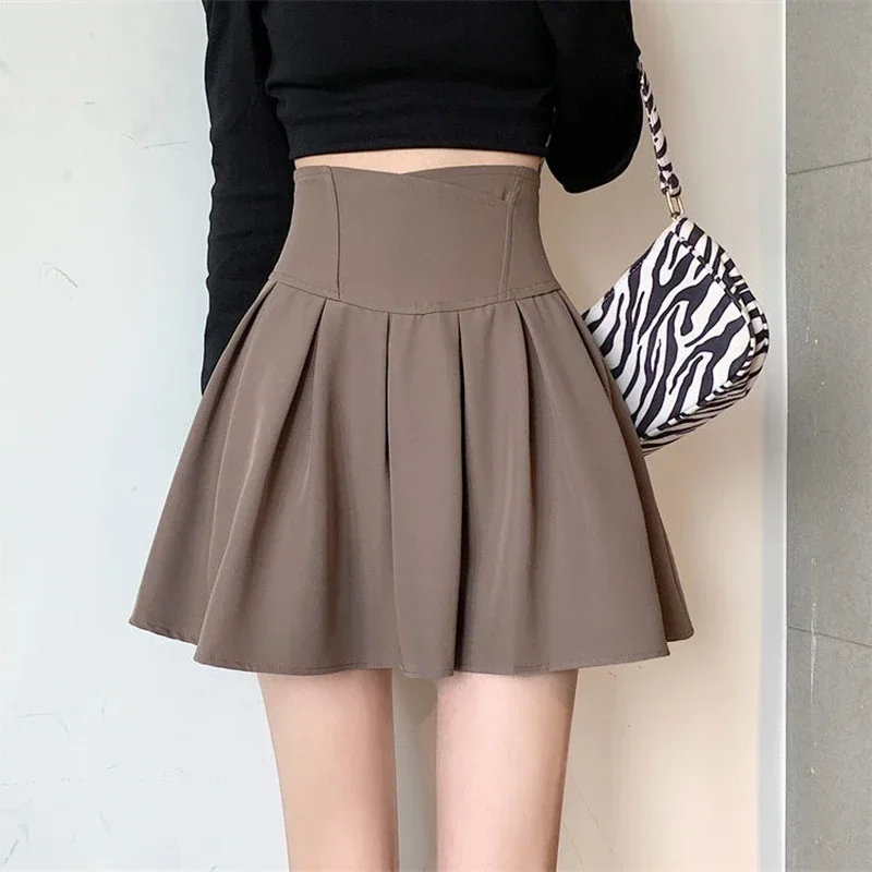 Korean Pleated Mini Skirts Women Preppy High Waist Solid A Line Skirt Student Streetwear Fashion Casual Basic Slim Skirts L619