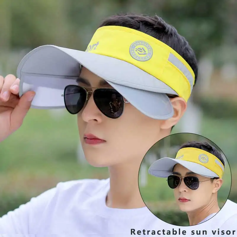 Big Brim Men Sun Hat Retractable Sun Visor Empty Top Cap Fashion Stripes Magic Tape Adjustable Outdoor Sport Hiking Fishing Hat