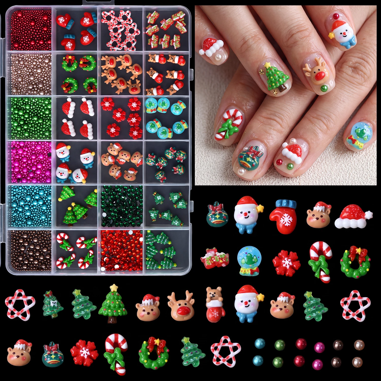 1Box Xmas Nail Decor Cartoon 3D Resin Christmas Tree Candy Cane Wreath Metal Pearl Beads Nail Charms Festive DIY Manicure Design