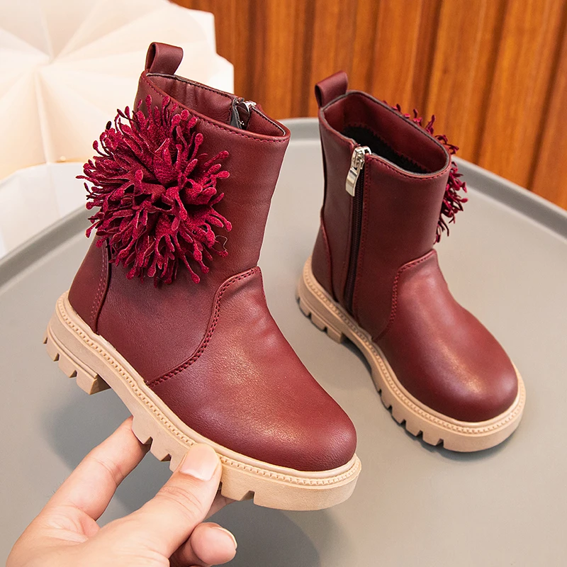 2023 New Girls Boots Flowers Cute Kids Versatile Side Zipper Non-slip Solid Color Drop Shipping Children Fashion Princess Shoes