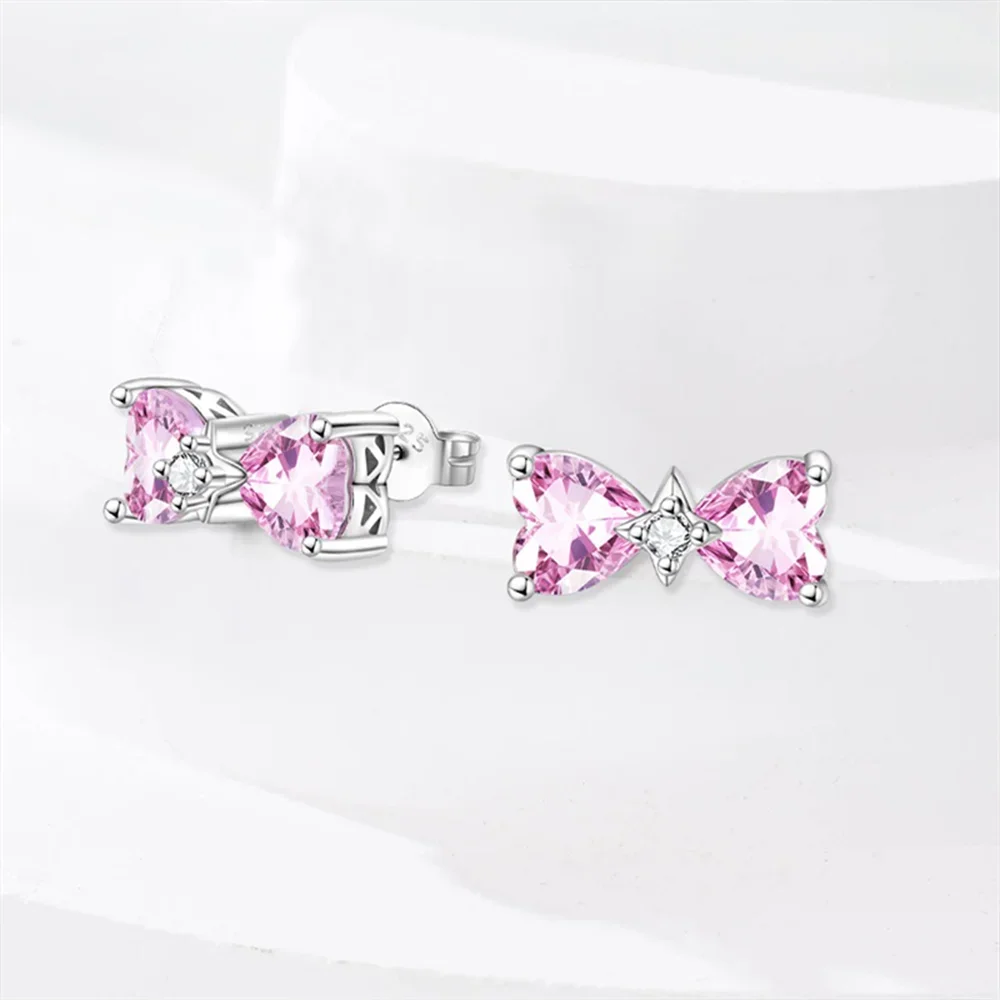 

925 Sterling Silver Pink Zircon Earrings Bow Earrings Simple Fashion Interwoven Earrings Women Jewelry Birthday Anniversary Gift