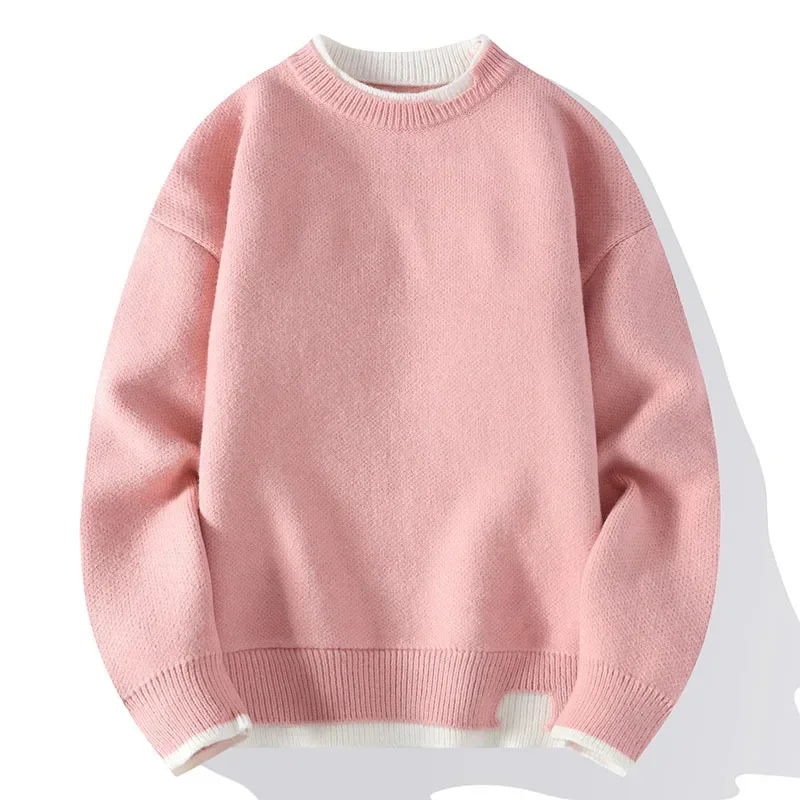 LIBIELIY Men Jumpers Flat Knitted Solid O Neck Sweater Spliced Long Sleeve Pullovers Male Winter Standard Wool Loose Slight Stre