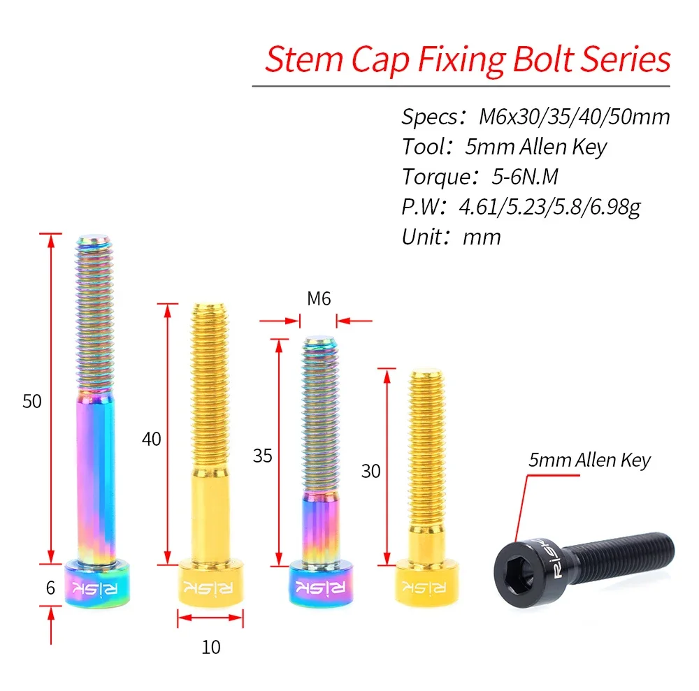 RISK 1PCS M6x30 M6x35 M6x40 M6x50mm Bicycle Headset Bolts Titanium Stem Cap Screws for Mountain MTB Road Bike M6*30/35/40/50mm