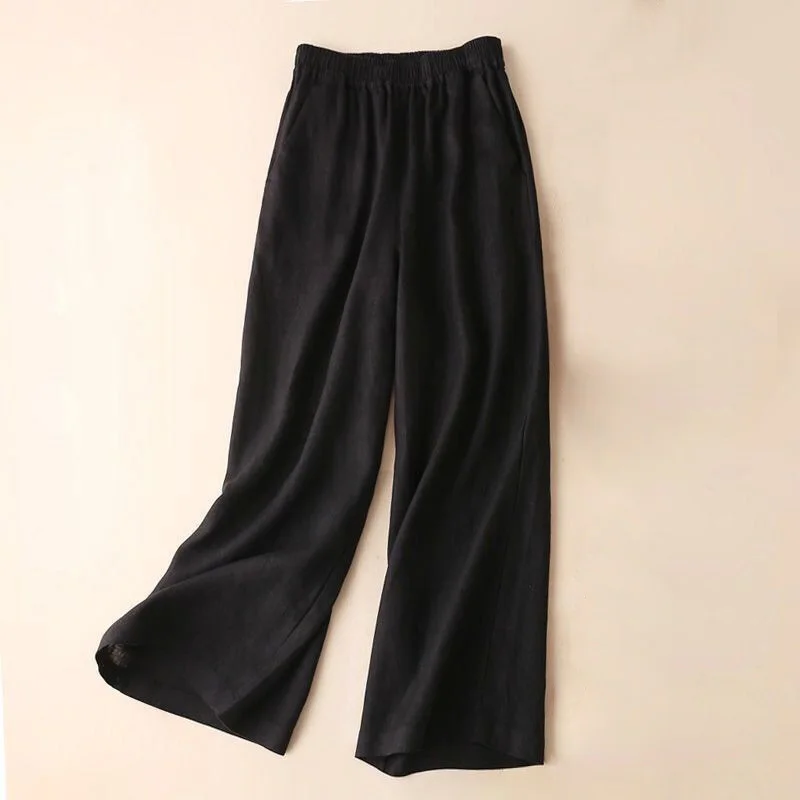 Casual Pants Women Summer Loose Cotton Linen Wide Leg Pants New Korean Style Solid Color Trousers Woman