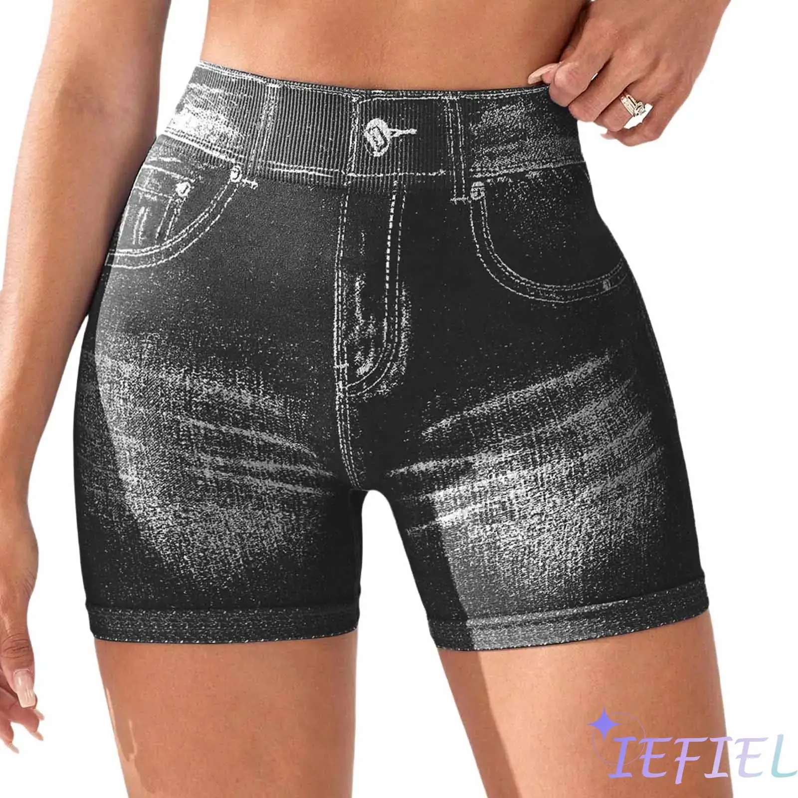 

Women Denim Printed Seamless Yoga Gymnastics Costume Elastic Waistband Ruched Back Shorts for Sports Cycling Athletic Shorts
