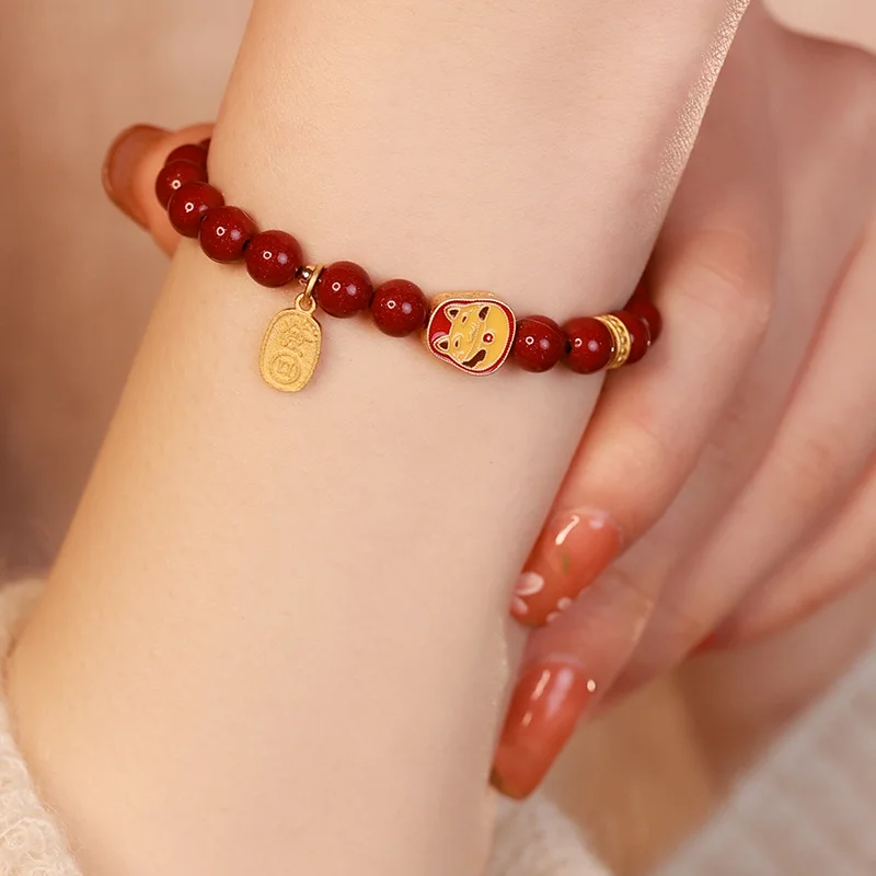 Natural Raw Ore Purple Gold Sand Cinnabar Bracelet Sterling Silver Enamel Lucky Cat Bracelet Women's Life Year Gift