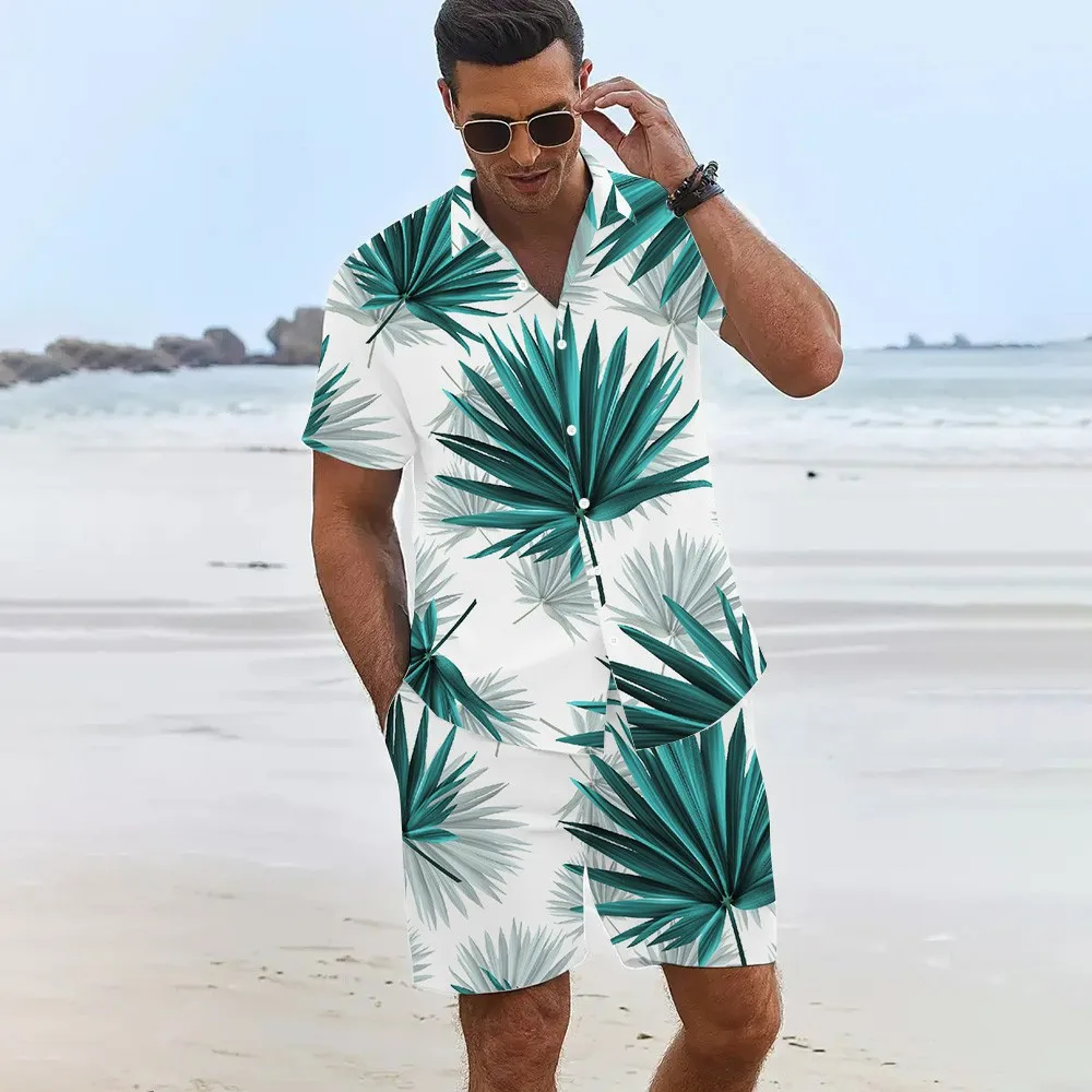 Modisches Palm Tree 3D-Print Herren-Shirt-Set, Kurzarm-Shirt, Oversize, Casual, Strandshorts, Streetwear, Y2K, Hawaii-Anzug, Kleidung