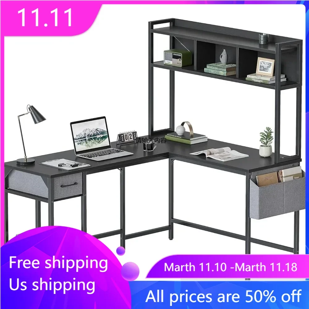 

Computer desk, L-shaped computer office desk, 58 inch corner gaming computer desk with drawers and storage rack