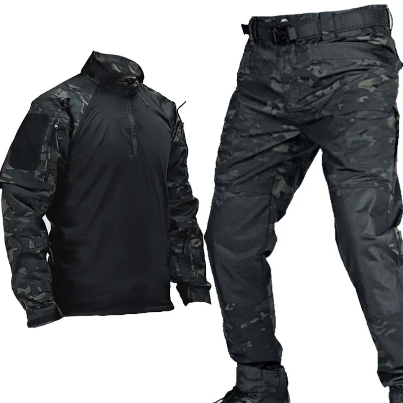 Tactical Cargo Suits T-Shirt + Pants Men Clothes Shirts Airsoft Hunting Clothes Outdoor Combat Wear Resistant