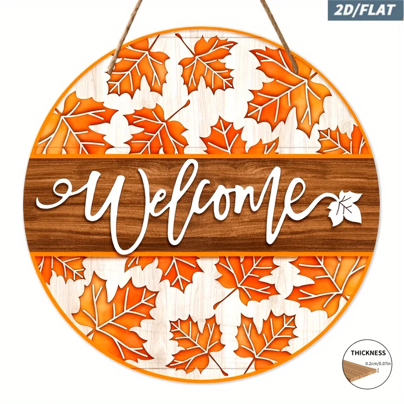 2D Flat, 1pc Round Rustic Artificial Maple Leaf Welcome Sign - Suitable for All Seasons, Christmas & Housewarming Gift, Indoor/O