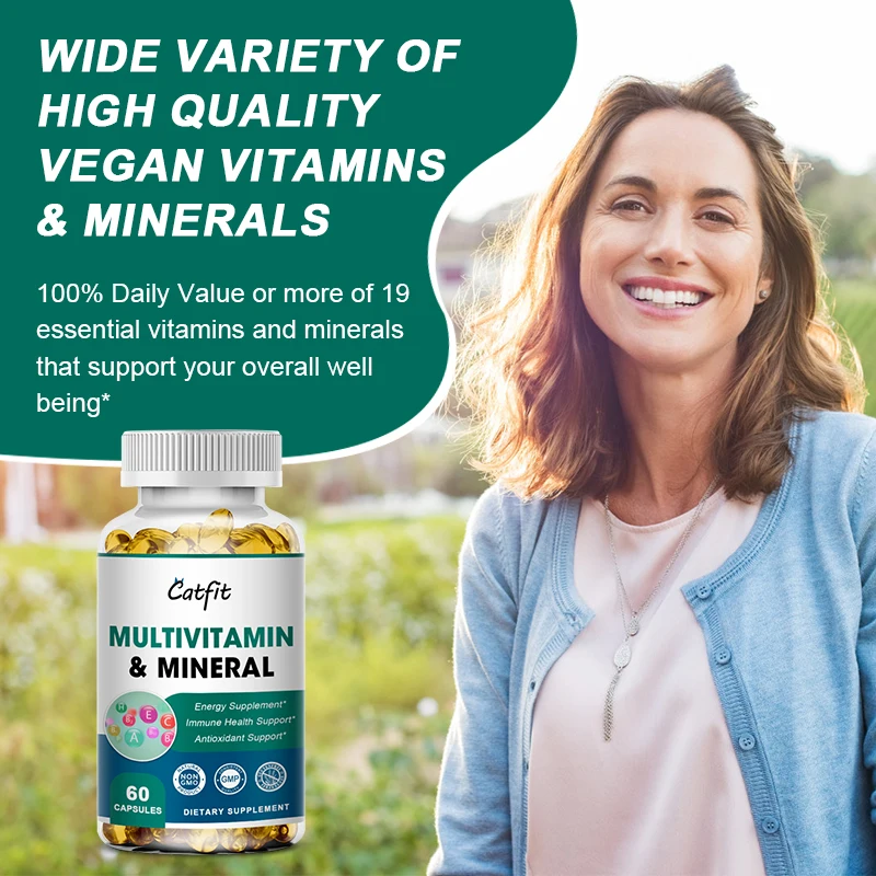 Catfit Multivitamin&Minerals Capsules Men&Women Daily Vitamin Diet Supplement D3 & K2 to Improve Immunity Vitality Hair Skin